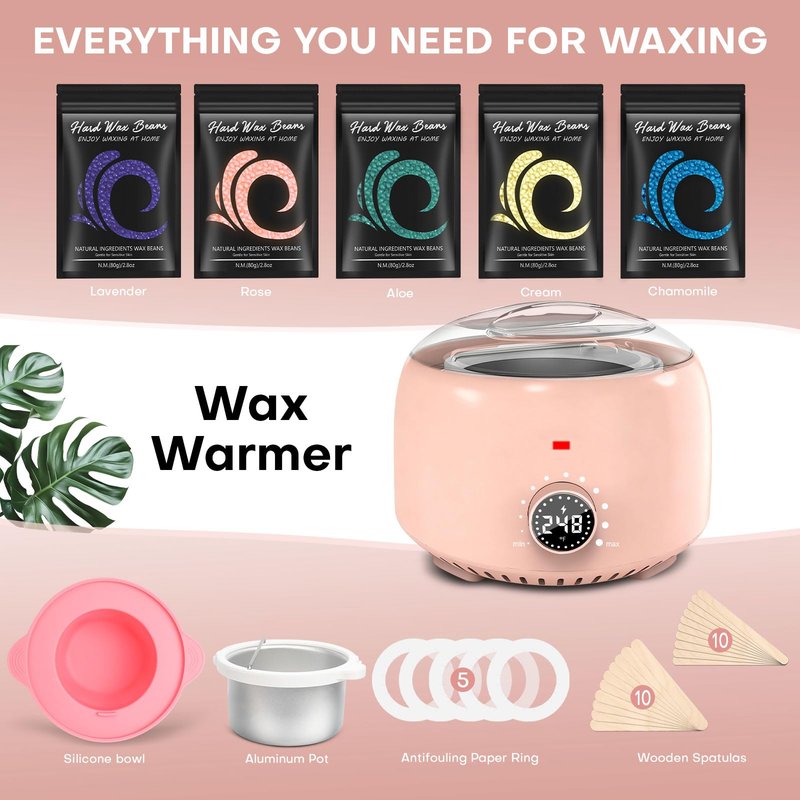 TIKESI Waxing Kit for Women and Men, Digital Wax Warmer with 14OZ 5 Bags Hard Wax Beads, at Home Wax kit for Full Body, Face, Eyebrows, Bikini, Legs, Brazilian & Sensitive Skin (Blush)