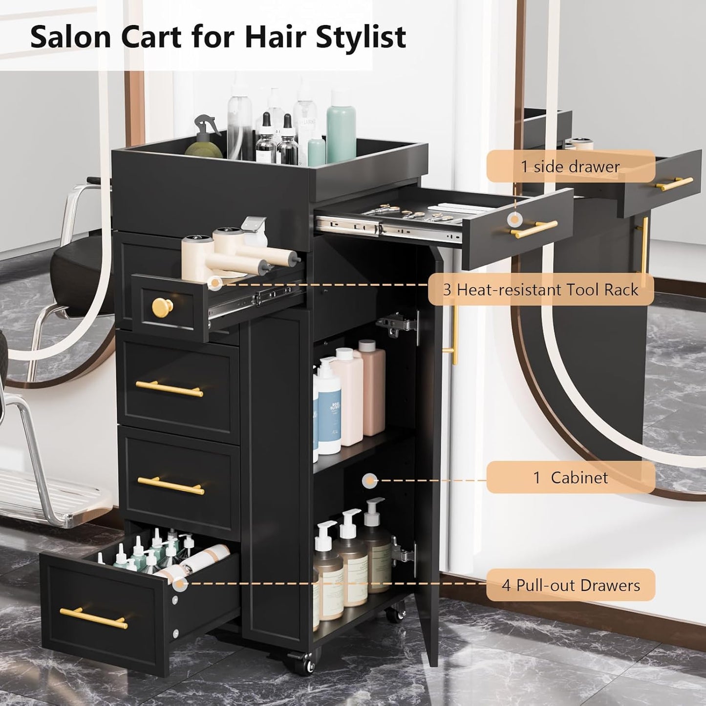 OmySalon Hair Styling Station Trolley Cart - Mobile Storage Cabinet with 5 Drawers & 3 Tool Holders | Black