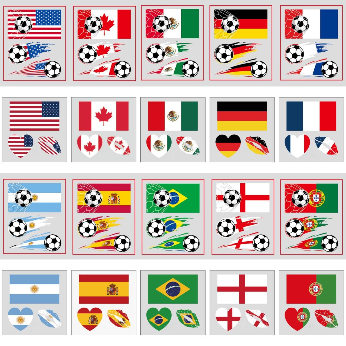 60PCS 20 Sheets World Cup Temporary Tattoo Sticker for Soccer Fans, 10 Country Flags Tattoos Sticker for all Ages Boy Girl Teen, Soccers Party, Game Days, Watch Parties, Waterproof Sweat Proof Vinyl