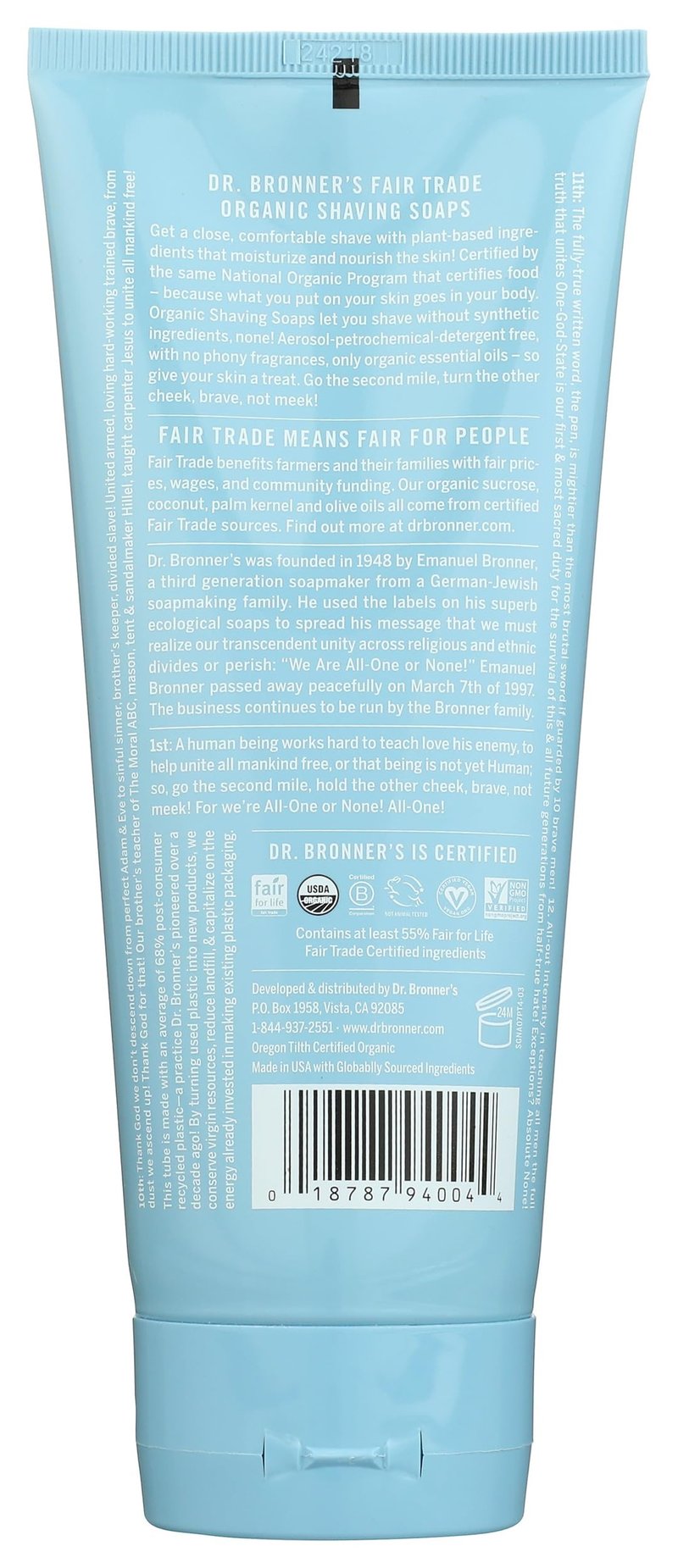 Dr Bronners, Shave Gel Mild Unscented Organic Fair Trade, 7 Fl Oz