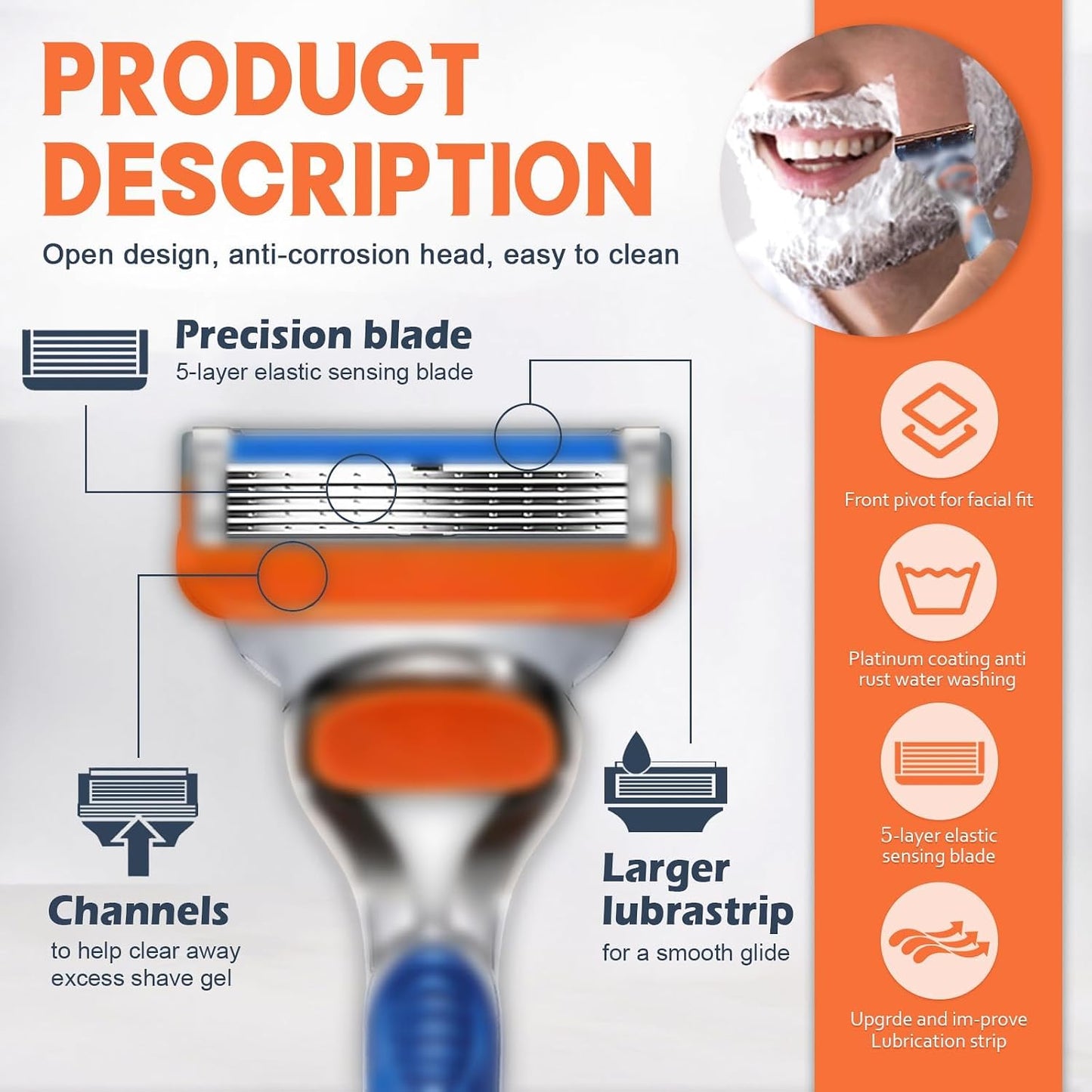 16 PCS Razor Blade Refills for Fusion 5 | Comfortable Orange Shaving Blades