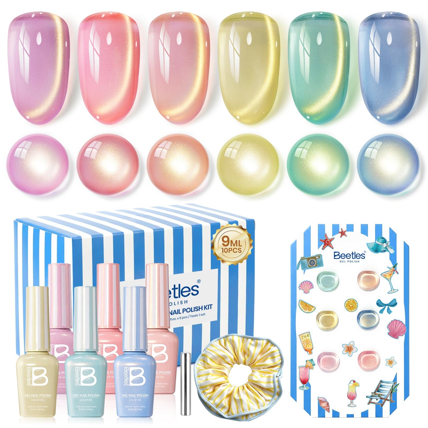 Beetles Summer Voyage Cat Eye Gel Nail Polish Set - 9ML 6 Colors Saltmist Sunset Summer Cat Eye Gel Nail Polish Kit Yellow Blue Green Pink Purple Soak Off UV Salon DIY at Home Manicure Gift for Women