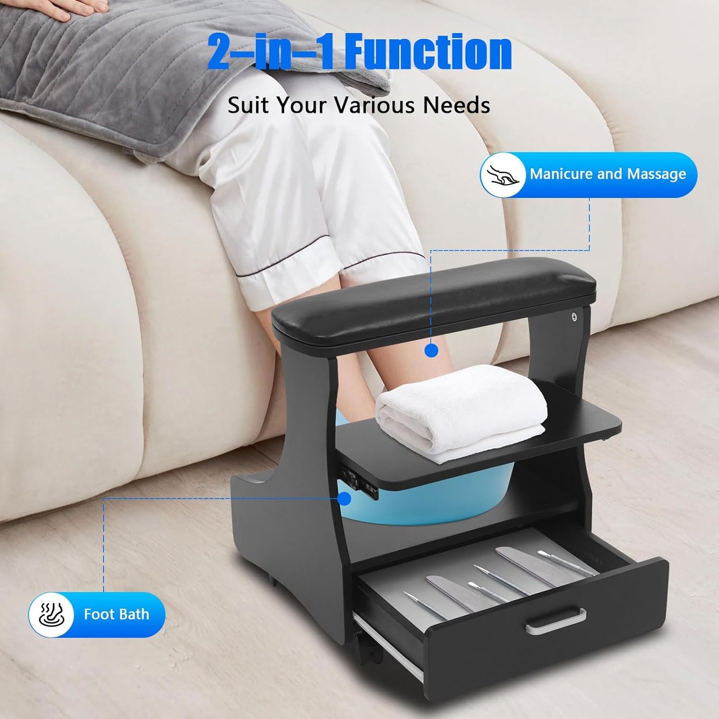 Portable Foot Rest Pedicure Trolley - 4 Wheels with Brakes | Spa Cart with Drawer for Salons & Home (Black)