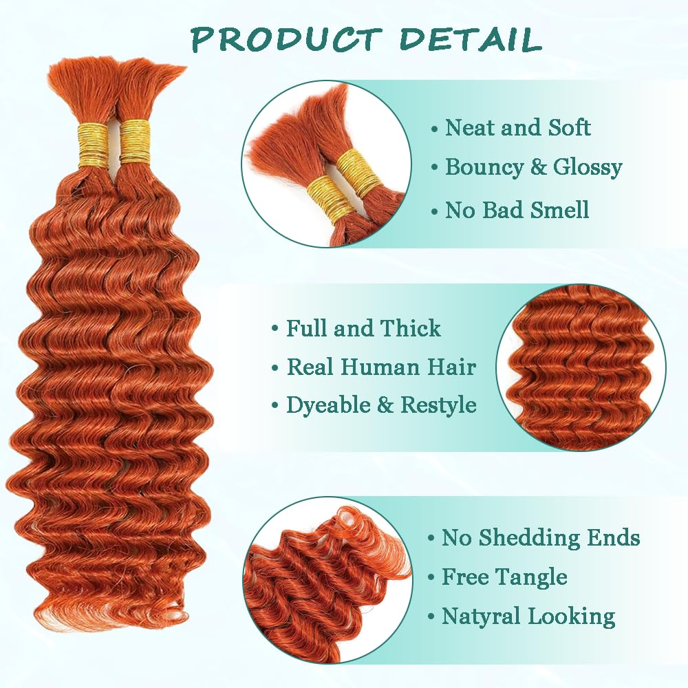 Ginger Boho Human Hair 14 Inch 2 Bundles 110g Orange Deep Wave Bulk Human Hair for Braiding Blonde Braiding Hair Bundles Curly Hair Extensions No Weft 2 Braids