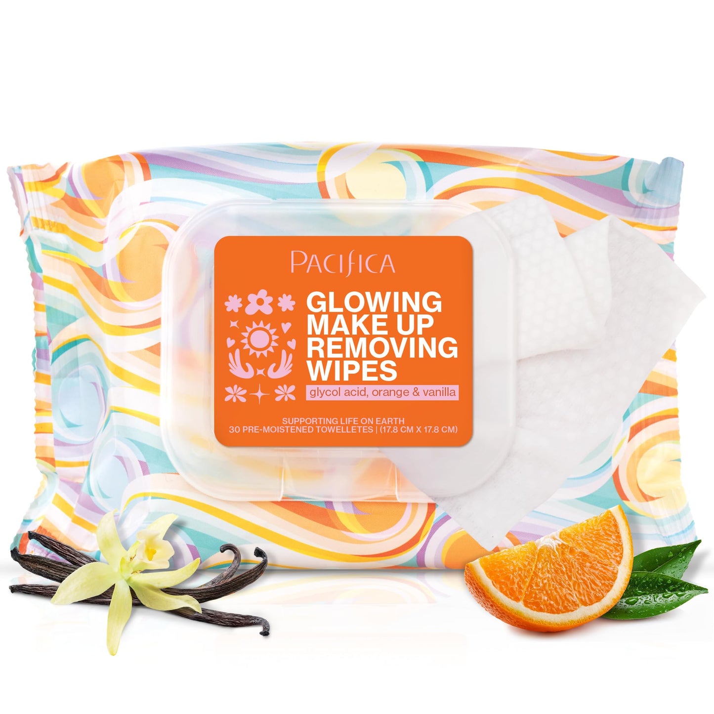 Pacifica, Glowing Makeup Remover Wipes - with Glycolic Acid for AHA Exfoliating and Facial Cleansing - No Rinse Face Cleaning Towelettes - Dermatologist Tested, 30 Count