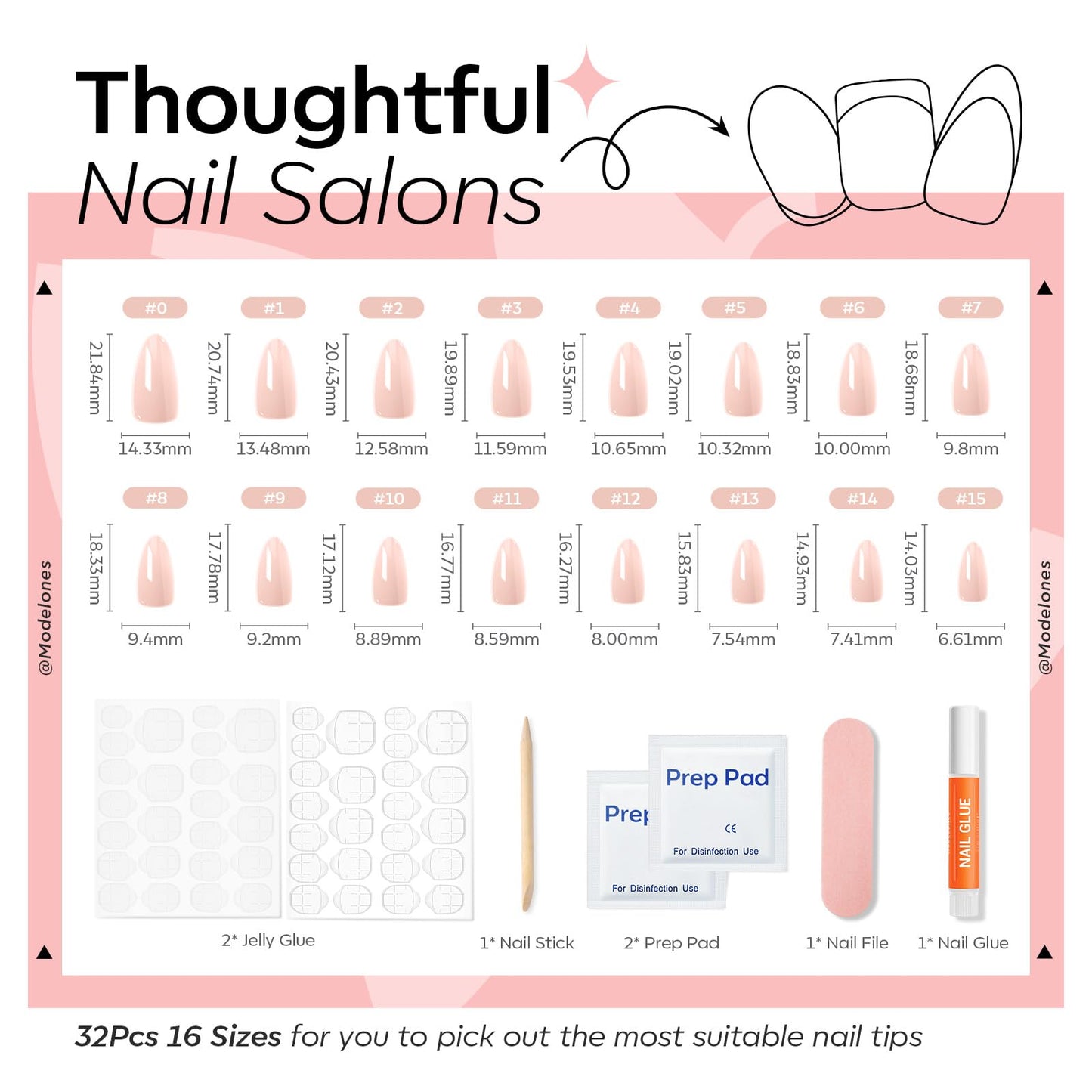 Modelones Chrome Pink Press on Nails, Summer Pearl Short Almond Fake Nails, Reusable Nail Kit with Nail Glue Adhesive Tabs Mini Nail File, Nails Press Ons 32 Pcs 16 Sizes