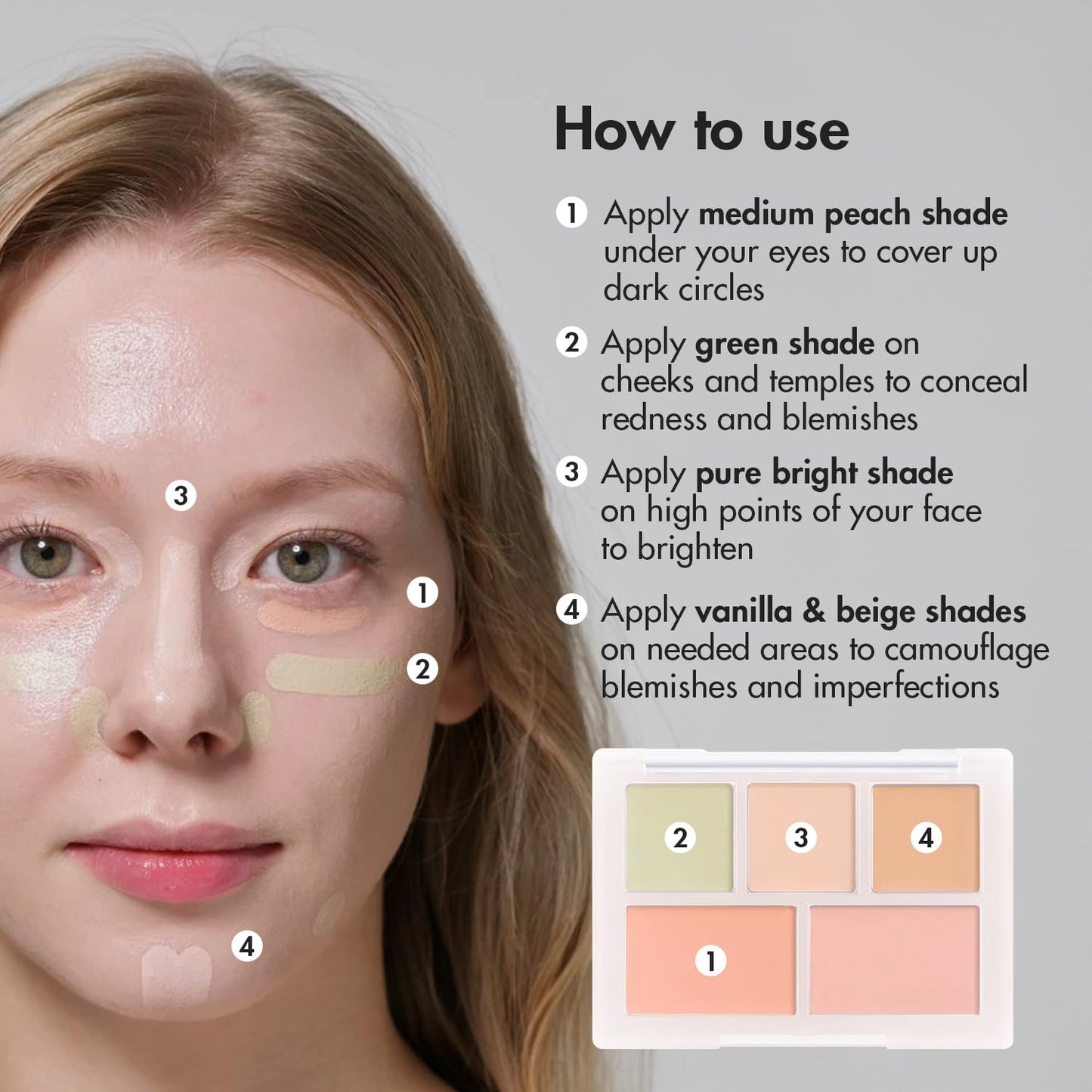 LUNA Conceal Blender Palette 01 - 5-in-1 Color Correcting Concealer | Beige, Green, Vanilla, Medium Peach, Pure Bright