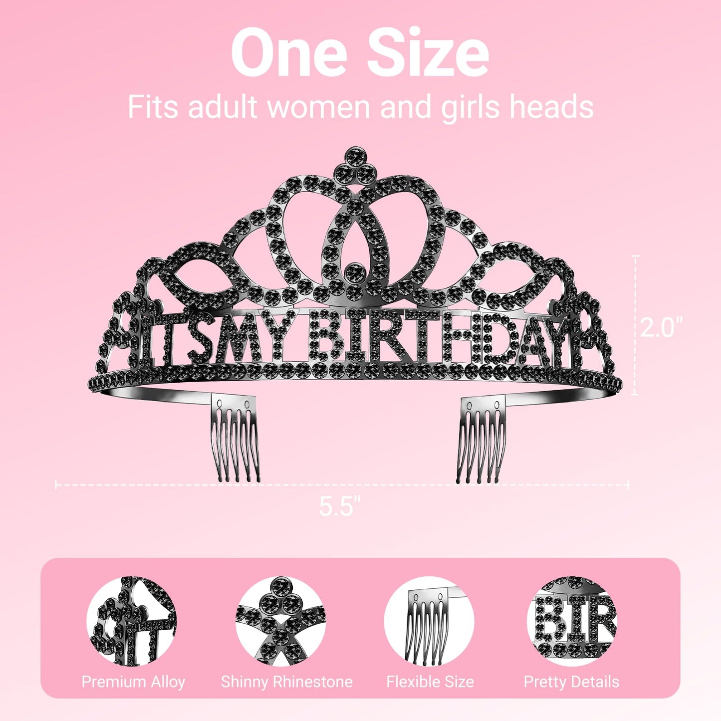 Papoopy Birthday Tiara and Crown with Sash, Birthday Tiara for Women Party Black