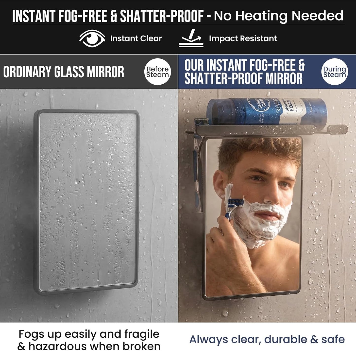 Fogless Shower Mirror for Shaving - Anti-Fog, Wall-Mounted with Powerful Suction | Shatterproof, Grey