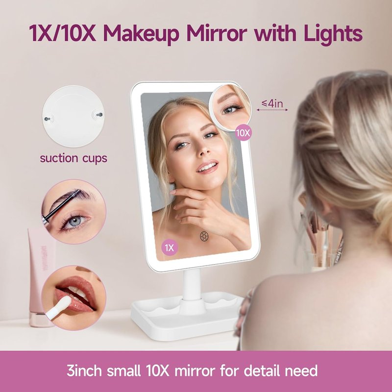 Rechargeable Lighted Makeup Mirror - 10X Magnification, 3 Color Lighting | Portable Tabletop Design, 360° Rotation, White