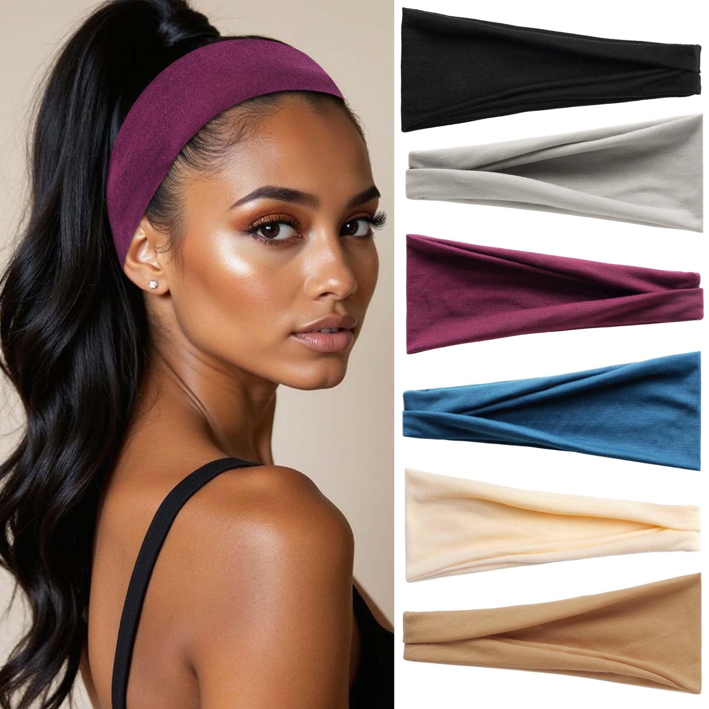 FARSYOD Wide Headbands for women Non Slip Sweat Hairbands Solid Color Head Wraps Fashion Workout Turban Band Soft Stretchy Hair Bandana for Girls Women Daily Summer Vacation 6 Pack