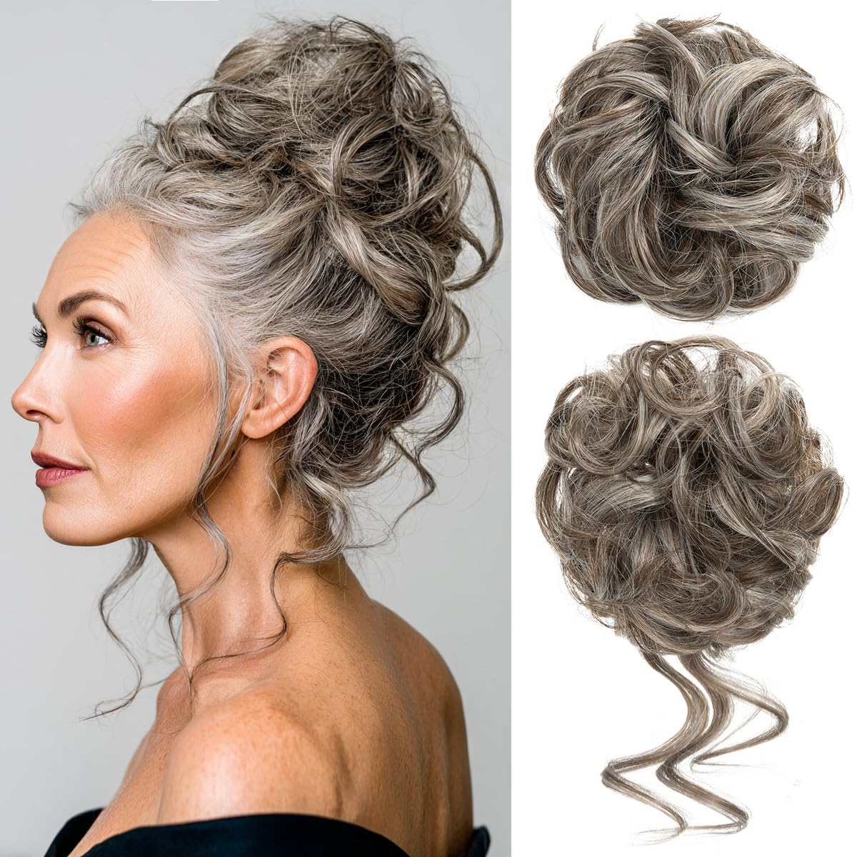 CJL HAIR 2PCS Messy Bun Hair Pieces Wavy Curly Synthetic Updo Chignon Fake Scrunchies Ponytail Extension for Women