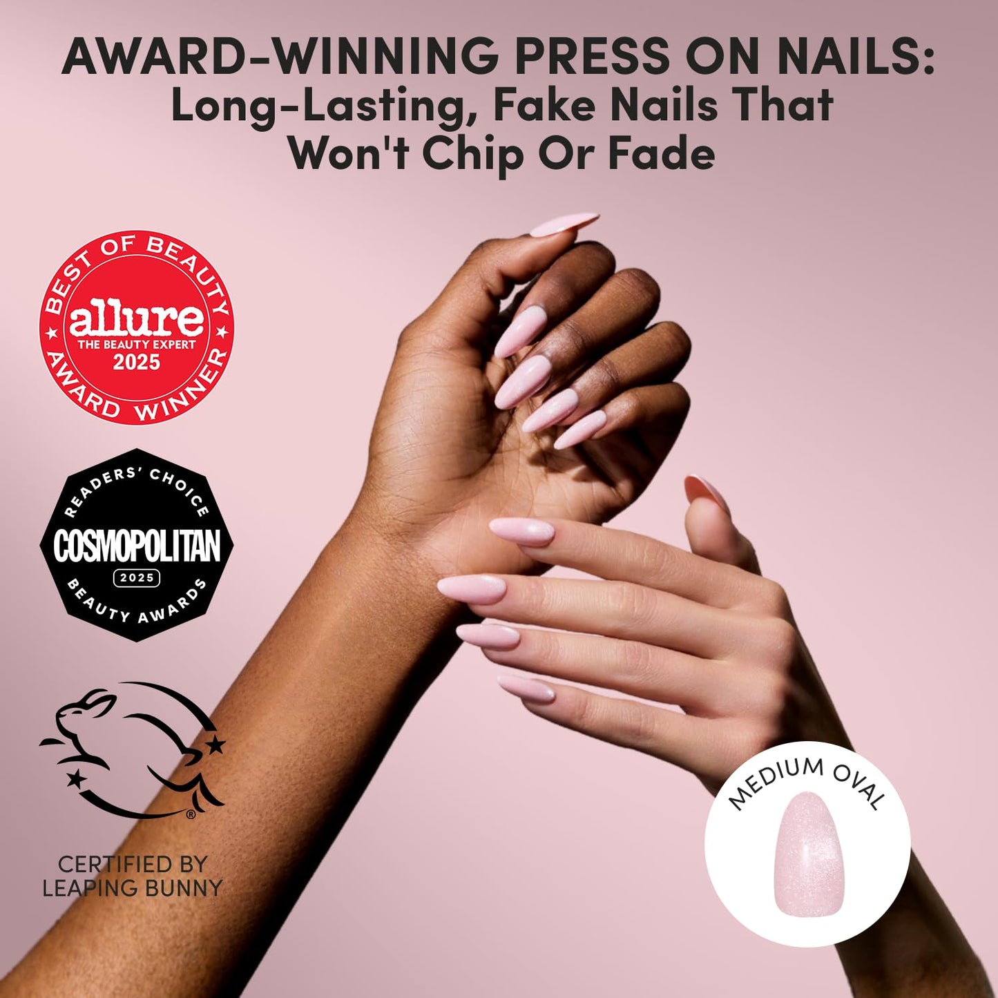 Glamnetic Press On Nails - Medium Oval Fake Nails | Velvet Pink Shimmer Press On Nails, Salon Quality with Glue | Pink Darling - 30 Nail Set in 15 Sizes