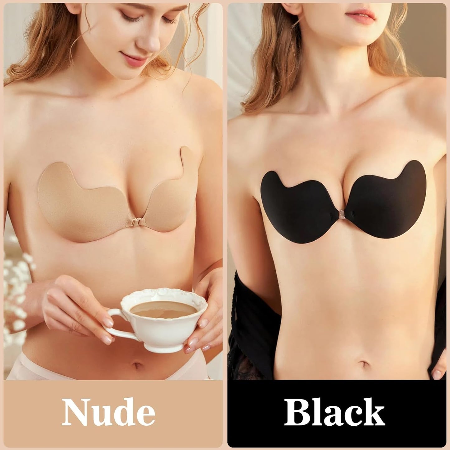 Cleavage Bra - Push Up Sticky Strapless Backless Invisible Adhesive Bra Set for Women | Black/Nude