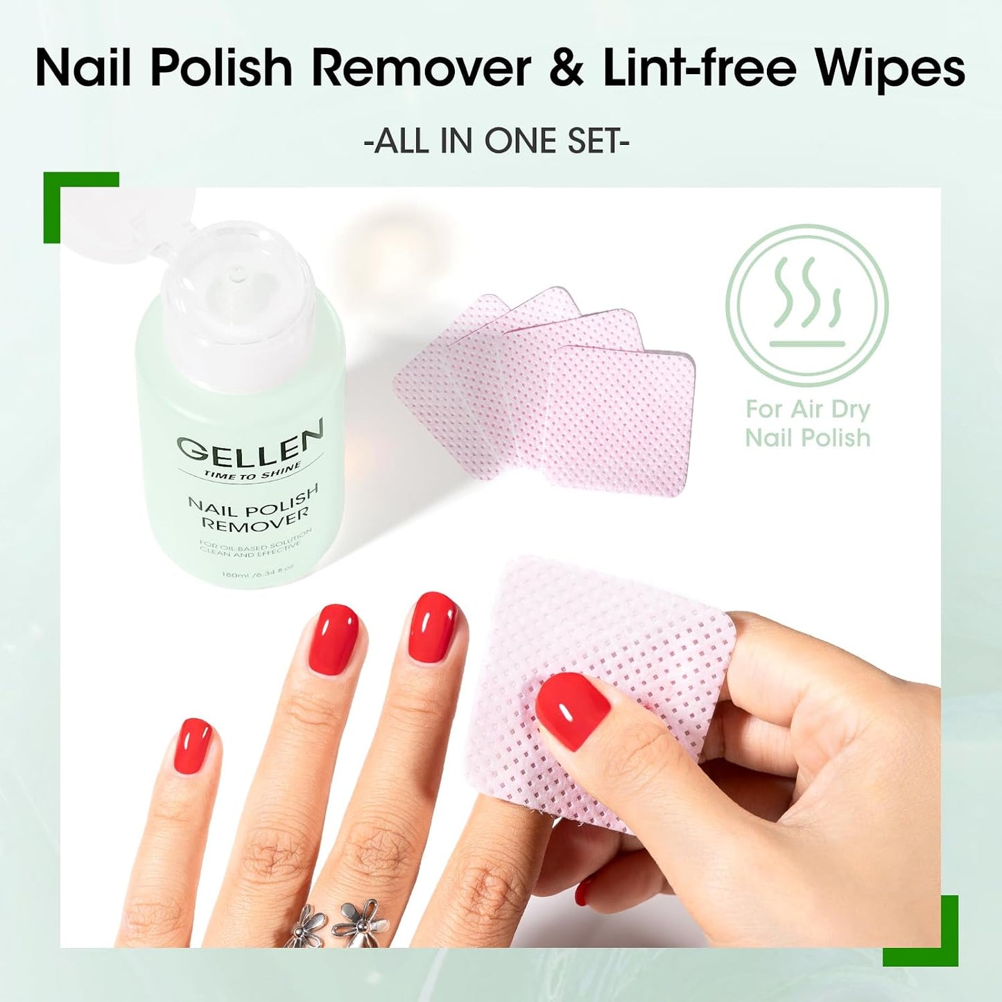 Gellen Nail Polish Remover Kit - Non-Acetone Jasmine Scent, 6.1 Fl Oz + 200 Lint-Free Wipes