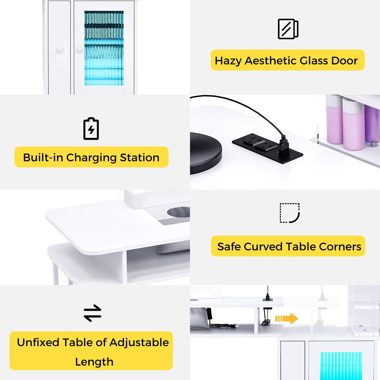 Kikihouse Manicure Table with LED Light, Nail Desk Nail Tech Table w/Dust Collector & Charging Station, Nail Station w/Removable Acrylic Storage Shelf, Drawers & Glass Door Cabinet, White