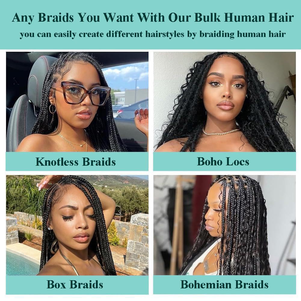 Deep Wave Bulk Human Hair for Braiding 110g 22 Inch 2 Bundles/Pack Human Braiding Hair for Boho Braids Knotless 12A Water Wave Curly Human Hair for Boho Knotless Braids Human Hair Bundles