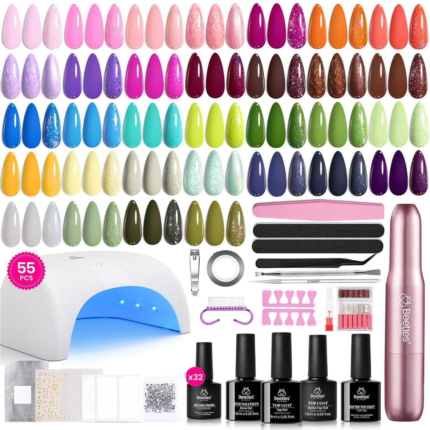 Beetles Gel Nail Polish Kit - 55 Vibrant Colors with UV Light | Complete DIY Manicure Set for Beginners