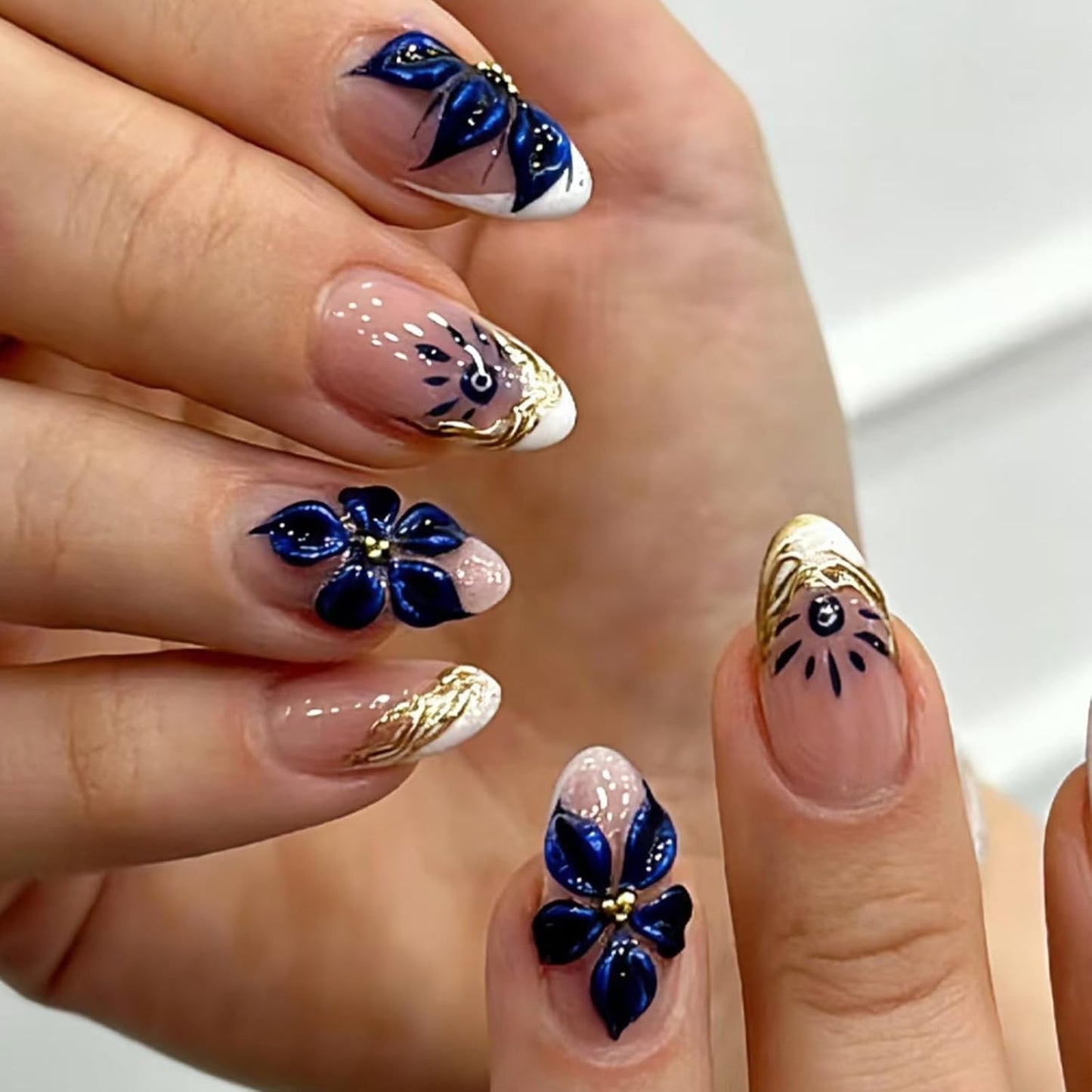 Almond Medium Press-On Nails - Blue Marble Full Cover with Gold Foil | 24 Pcs Glossy Artificial Nail Art for Women