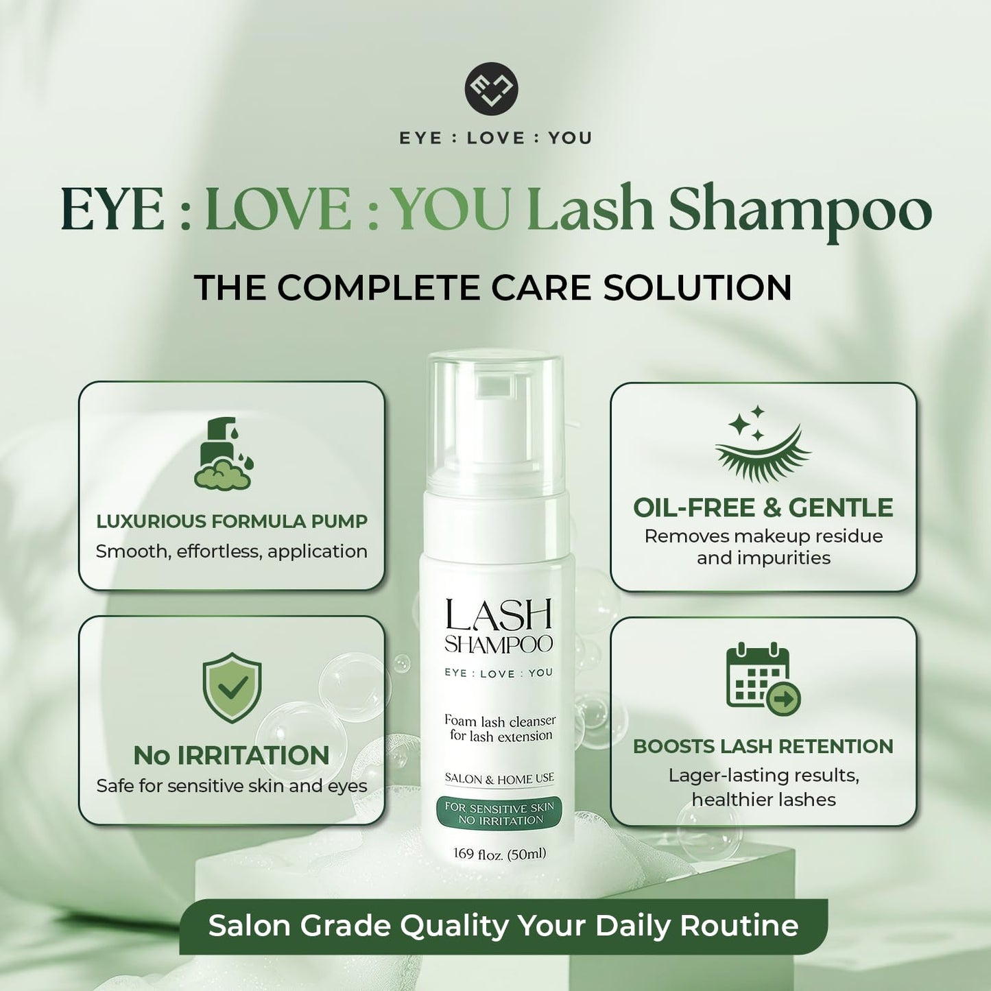 Foam Lash Cleanser for Lash Extensions 50ml (1.69 fl.oz), Gentle Lash Shampoo for Natural Lashes | Oil-Free, Hypoallergenic, No Irritation | Safe Makeup Remover for Sensitive Skin | Home & Salon Use