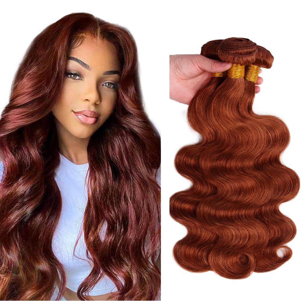 HuxoWax #33 Copper Red 30 30 30 Inch Human Hair Bundles Body Wave Reddish Brown Color Virgin Unprocessed Doubles Weft Human Hair Extensions Weave 3 Bundles Total 300g