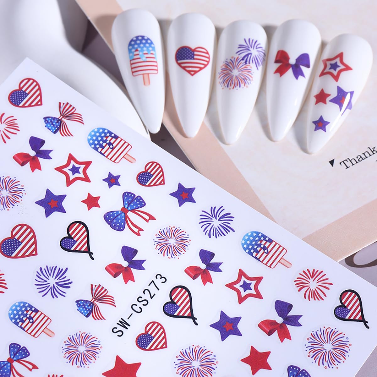 Fourth of July Nail Stickers Red White Blue Nail Decals for Nail Art 6PCS 3D Self Adhesive Independence Day Nails Designs Stickers Fireworks Bow Star Nail Slider Manicure Patriotic Nail Art for Women