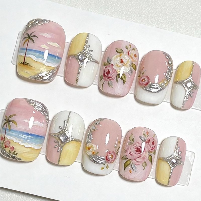 24Pcs Summer Beach Press-On Nails - Short Square White French Tips with Coconut Trees & Rhinestones | Full Cover Glitter Designs