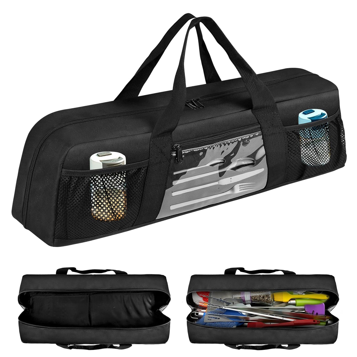 BOHEMIABY Grill Utensil Storage Bag, Large BBQ Tool Organizer Holder Caddy Case with Pockets, Fits up to 20" Tools, for Outdoor Grilling, Camping, Picnic, Barbecue Accessories (Bag Only, Black)