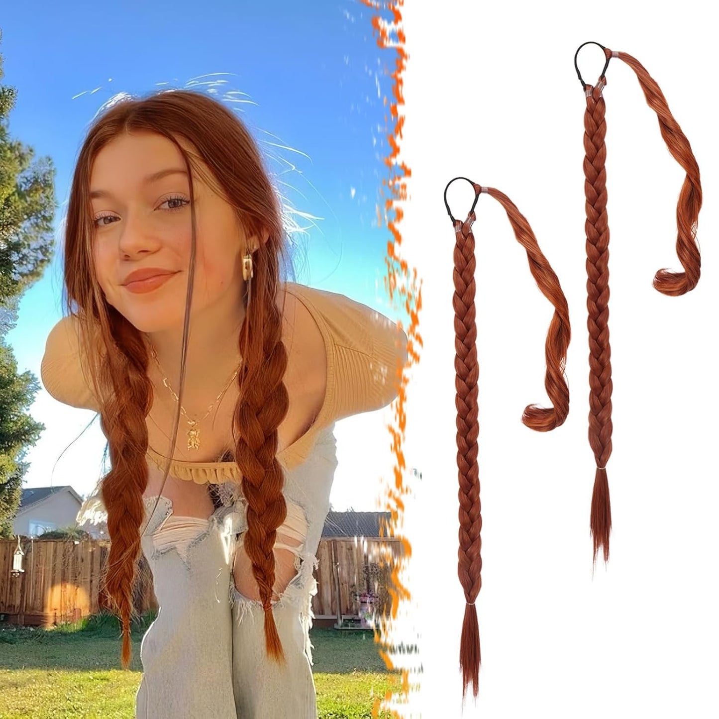 30 Inch Long Braided Ponytail Extension - Copper Red Wrap Around Hairpiece | Synthetic Hair for Women