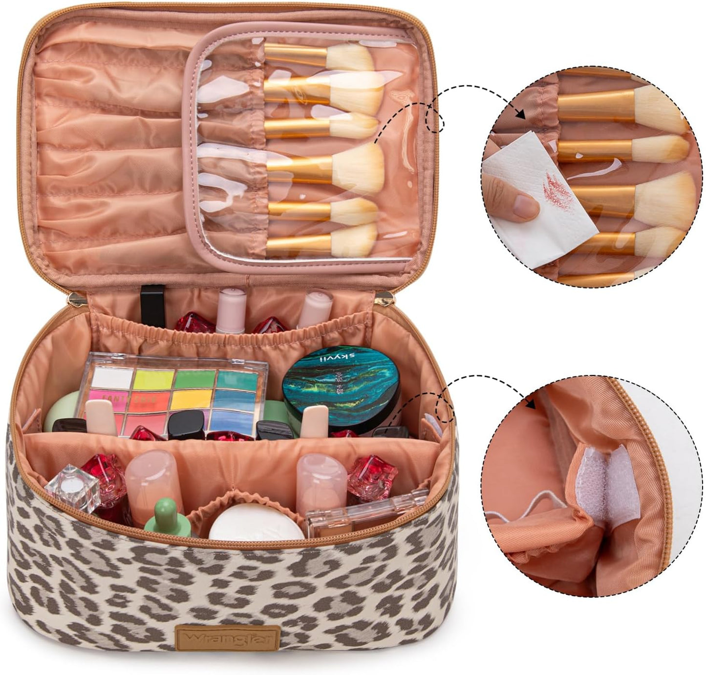 Travel Makeup Bag Set - Large Cosmetic Organizer with Brush Holder | Portable Toiletry Bag for Women - Leopard Print