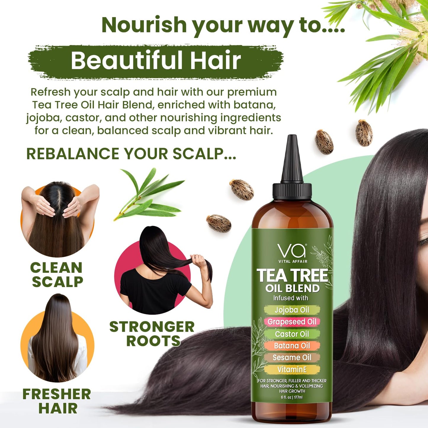 Tea Tree Oil Hair Treatment - Jojoba & Castor Oil Blend for Dandruff Relief - 6 Fl Oz | Strengthens & Volumizes Hair
