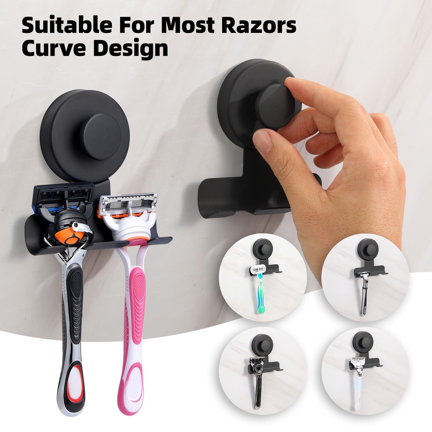 Supopular Suction Cup Razor and Shaver Holder for Shower, Heavy-Duty Stainless Steel No-Drill Bathroom Wall Hook for Towel, Loofah, Damage-Free and Reusable, Easy Install and Remove (2, Matte Black)