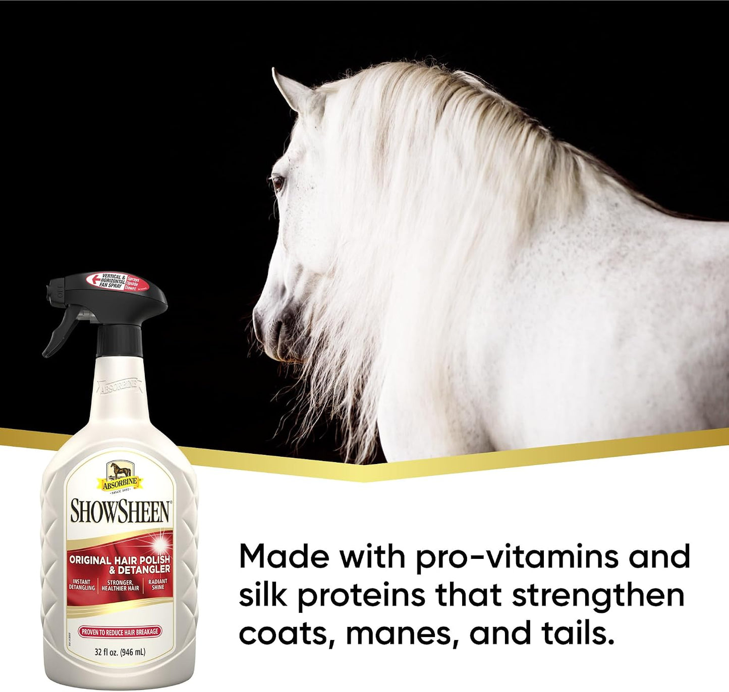 Absorbine ShowSheen Hair Polish & Detangler - 32oz Spray for Horses & Dogs | Instant Detangling & Shine