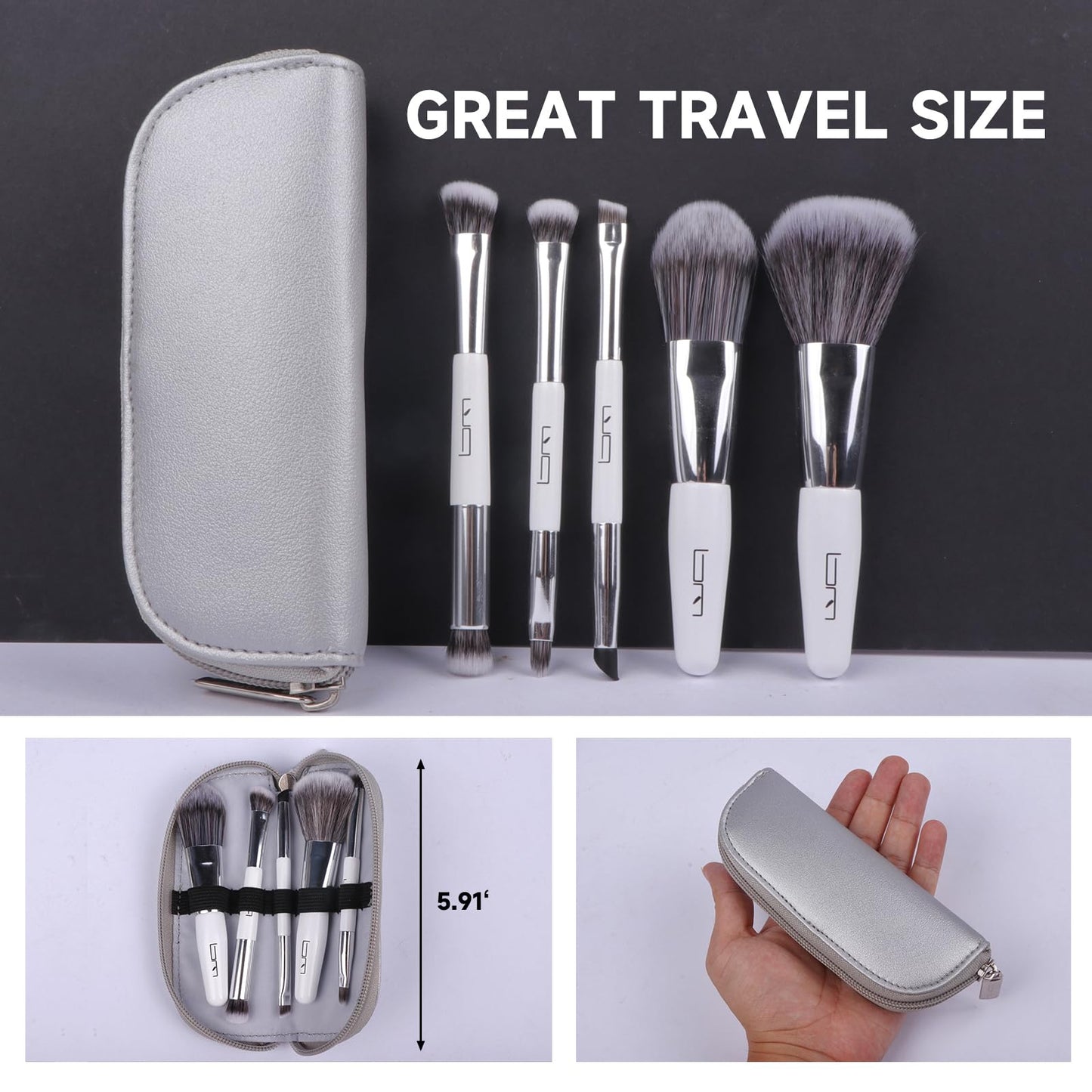 Brush Master Travel Makeup Brushes Set w/Pouch, 5PCS Double Ended Portable Mini Cosmetic Brushes Kit for Foundation, Eyeshadow, Lip, Blush Make Up Brushes Professional(White)
