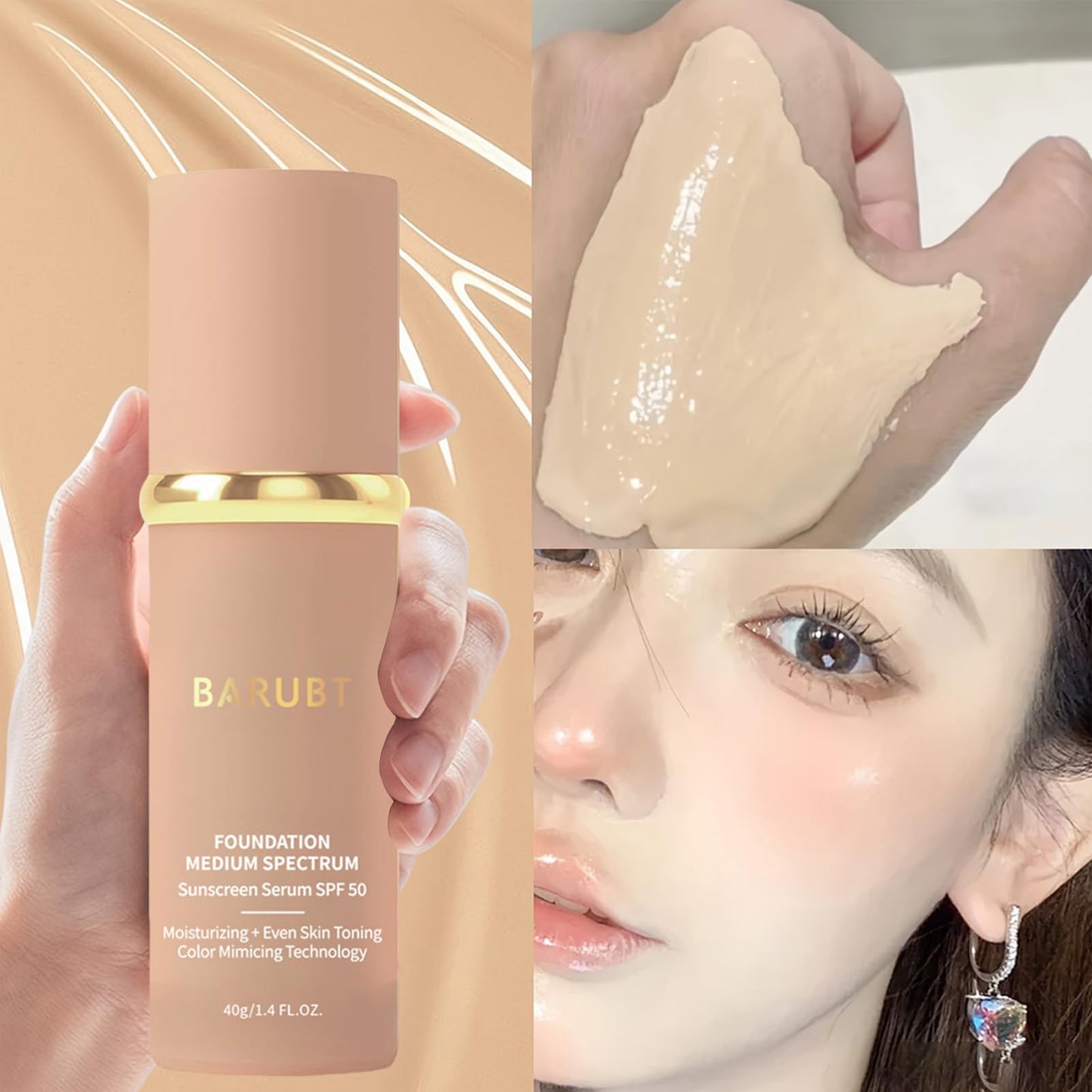 BARUBT 4 in 1 Color Changing Foundation - Medium Spectrum, Evening Skin Tone, Long-Lasting & Waterproof, Hydrating Concealer with Medium to Full Coverage, Lightweight Flawless Finish Makeup 1.4 Fl.Oz.