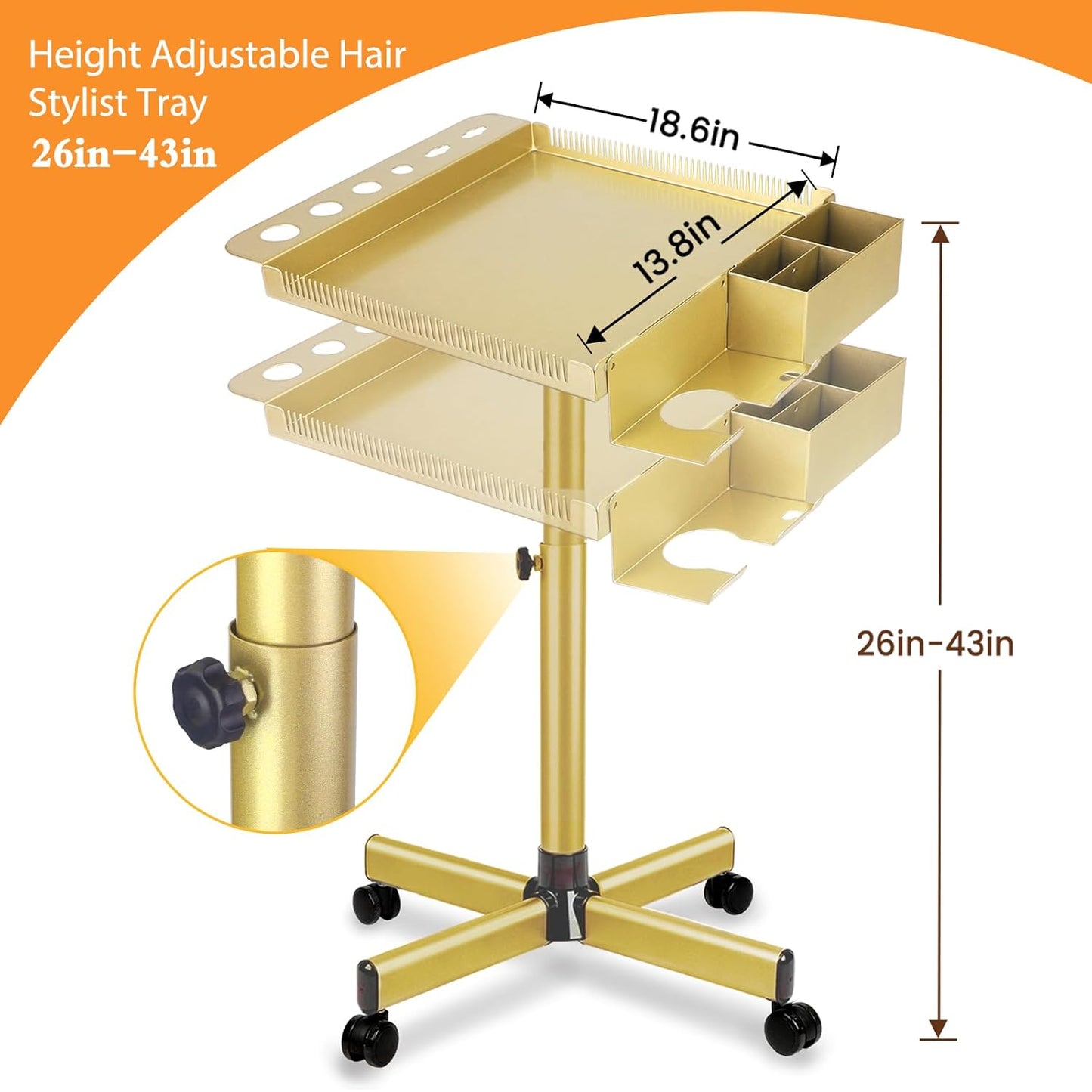 Multi-Function Salon Tray - Rolling Hair Cart with Storage & Separator Stand | Gold Finish