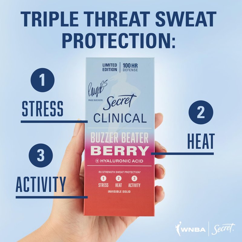 Secret Clinical Strength 100HR Defense, Invisible Solid Antiperspirant Deodorant for Women, Paige Bueckers Edition, Triple Threat Sweat Protection, Hyaluronic Acid, Buzzer Beater Berry Scent, 2.6 oz