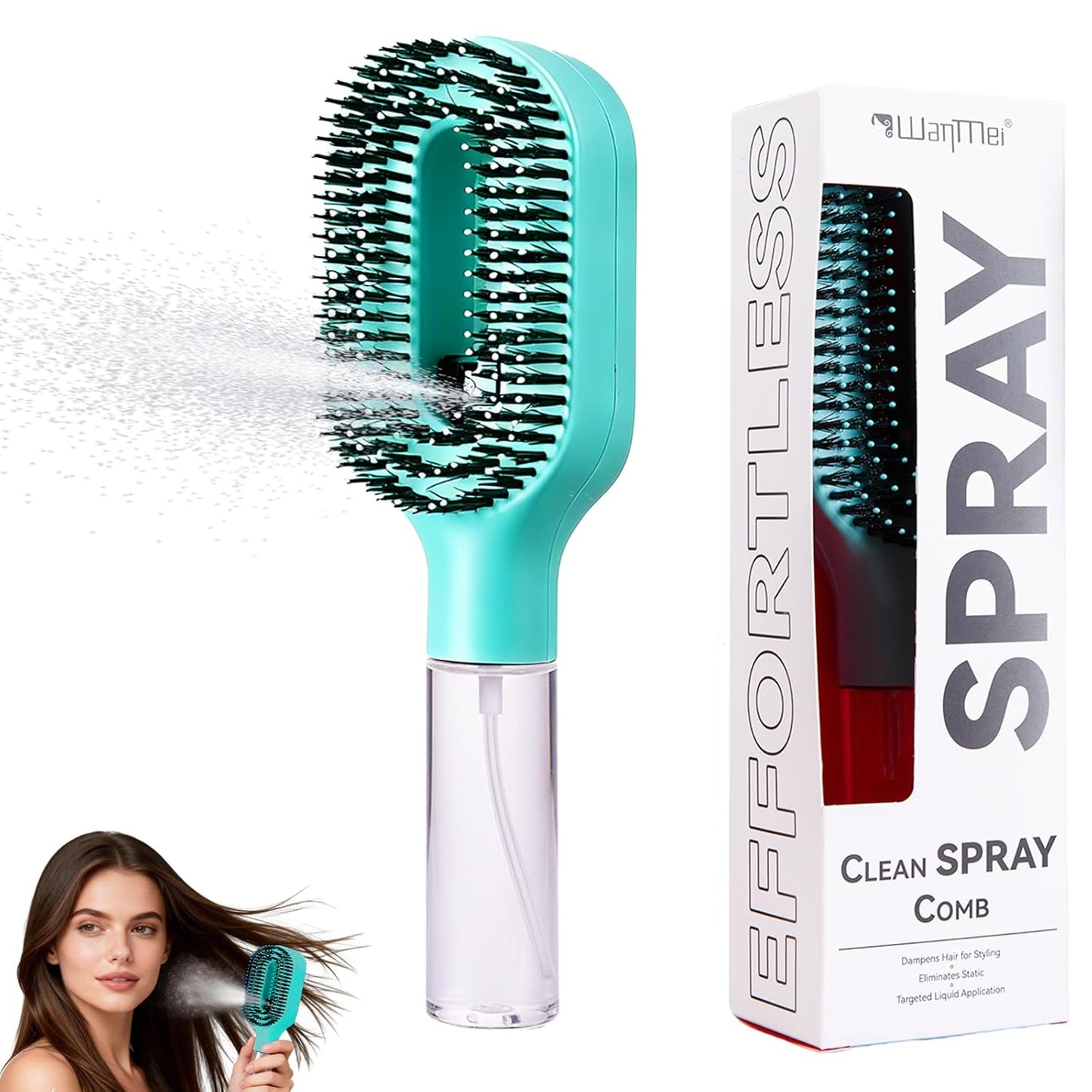 Hair Brush with Water Spray - 2-in-1 Detangling Tool for Frizz Control | Portable Mist Comb for Thick, Curly & Fine Hair - Green