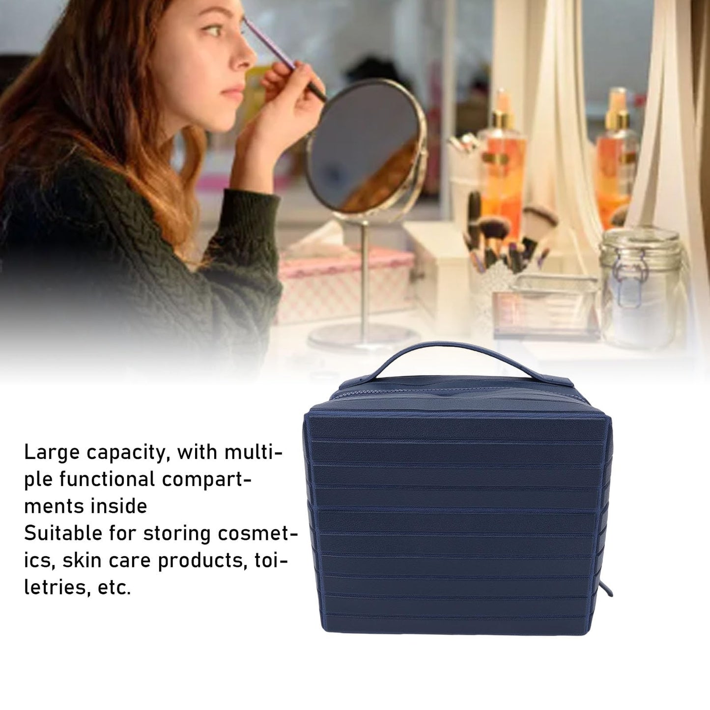 Yechiry Foldable Makeup Bag, Water Proof Makeup Organizer, Large Capacity Travel Size Toiletries with Zip Closure Instantly Lays Flat Cosmetic Case for Women Toiletries Organizer (Navy Blue)