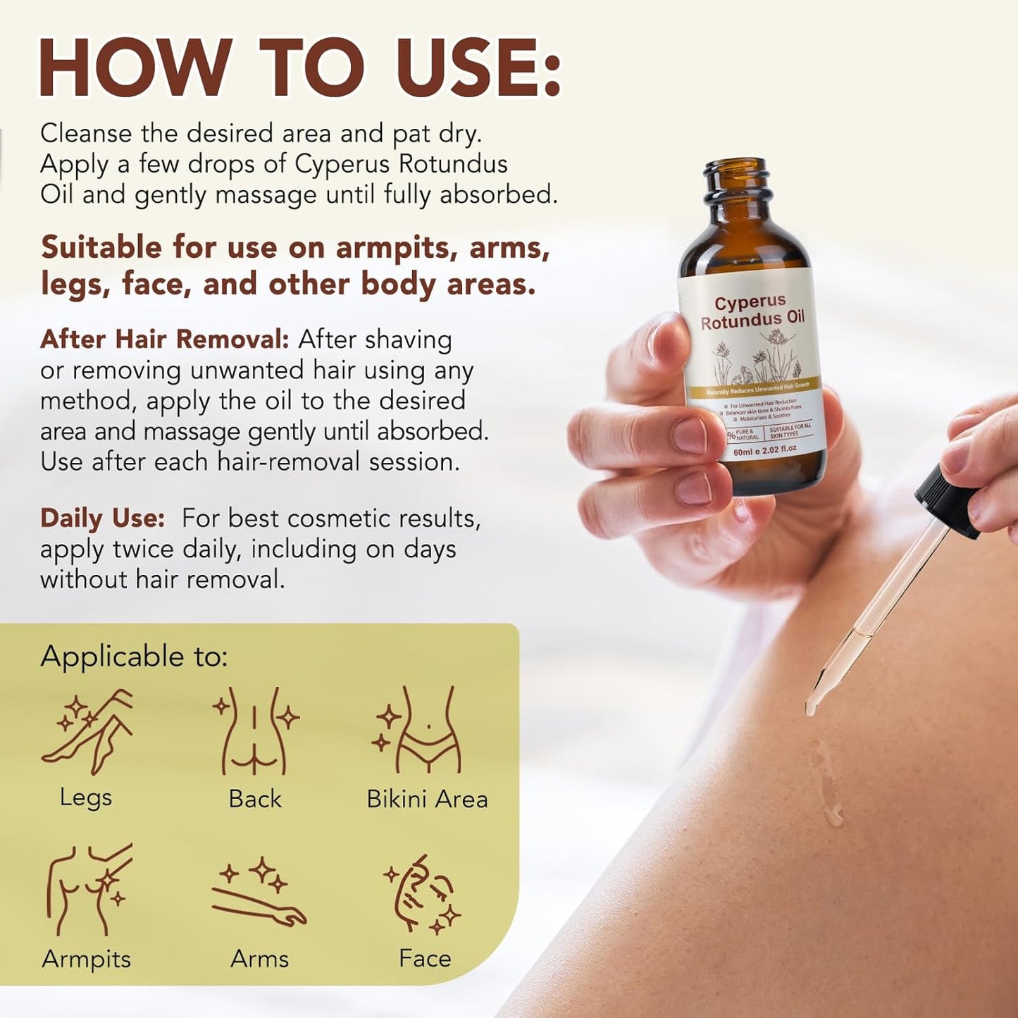 Cyperus Rotundus Oil - Hair Removal & Unwanted Hair Growth Reduction | Moisturizes & Soothes Skin (2.02 Fl Oz)