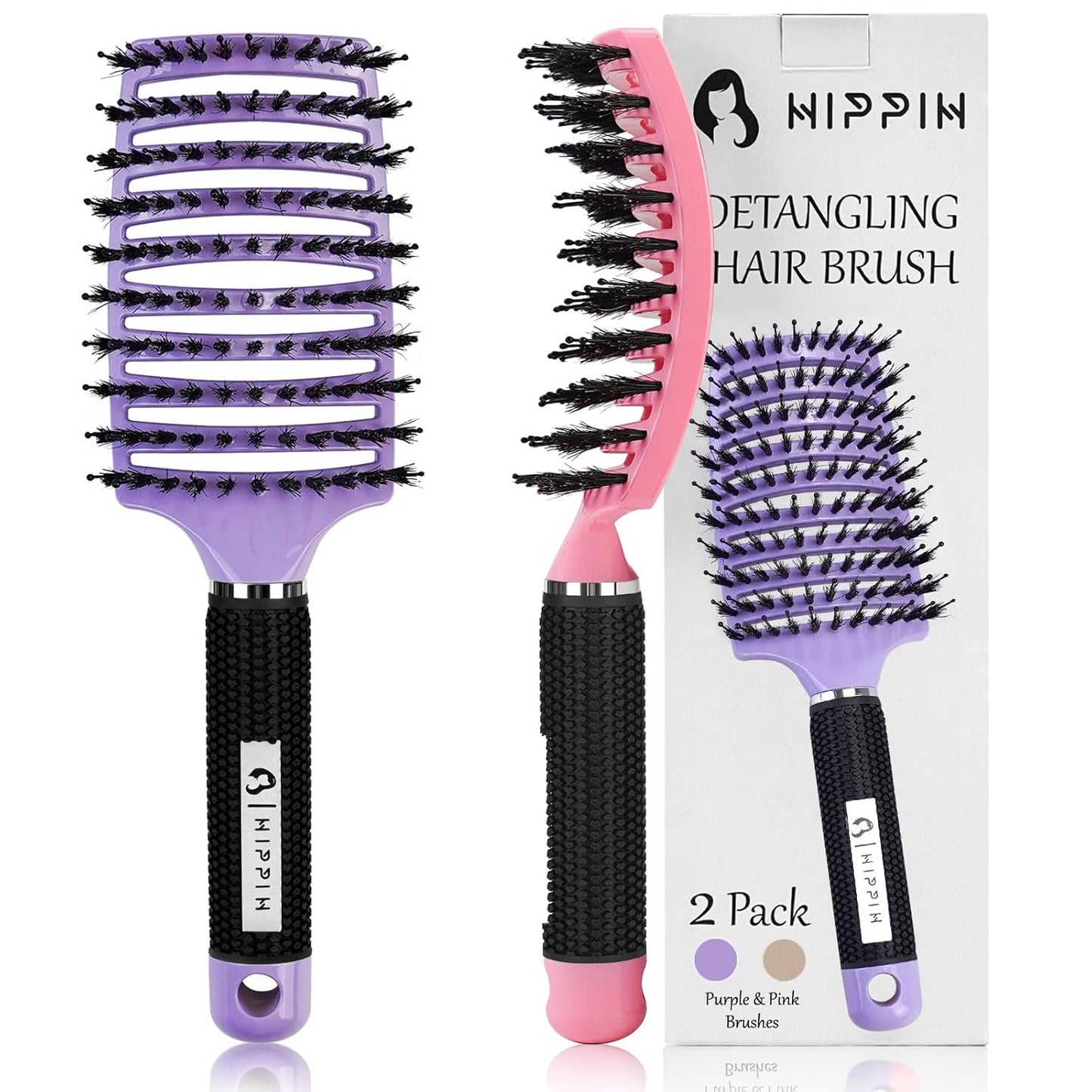 Boar Bristle Hair Brush Set - Curved Vented Detangler for Kids & Men | Adds Shine to Thick Curly Hair