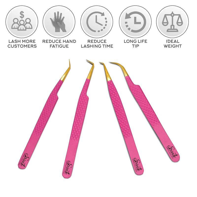 SIVOTE Fiber Tip eyelash tweezers for lash extensions with Diamond Grip, Pink, Set of 4 - Precise Tips Japanese Steel for Classic, Volume & Mega Volume Lashes, Anti-Rust - Ideal for Lash Artists