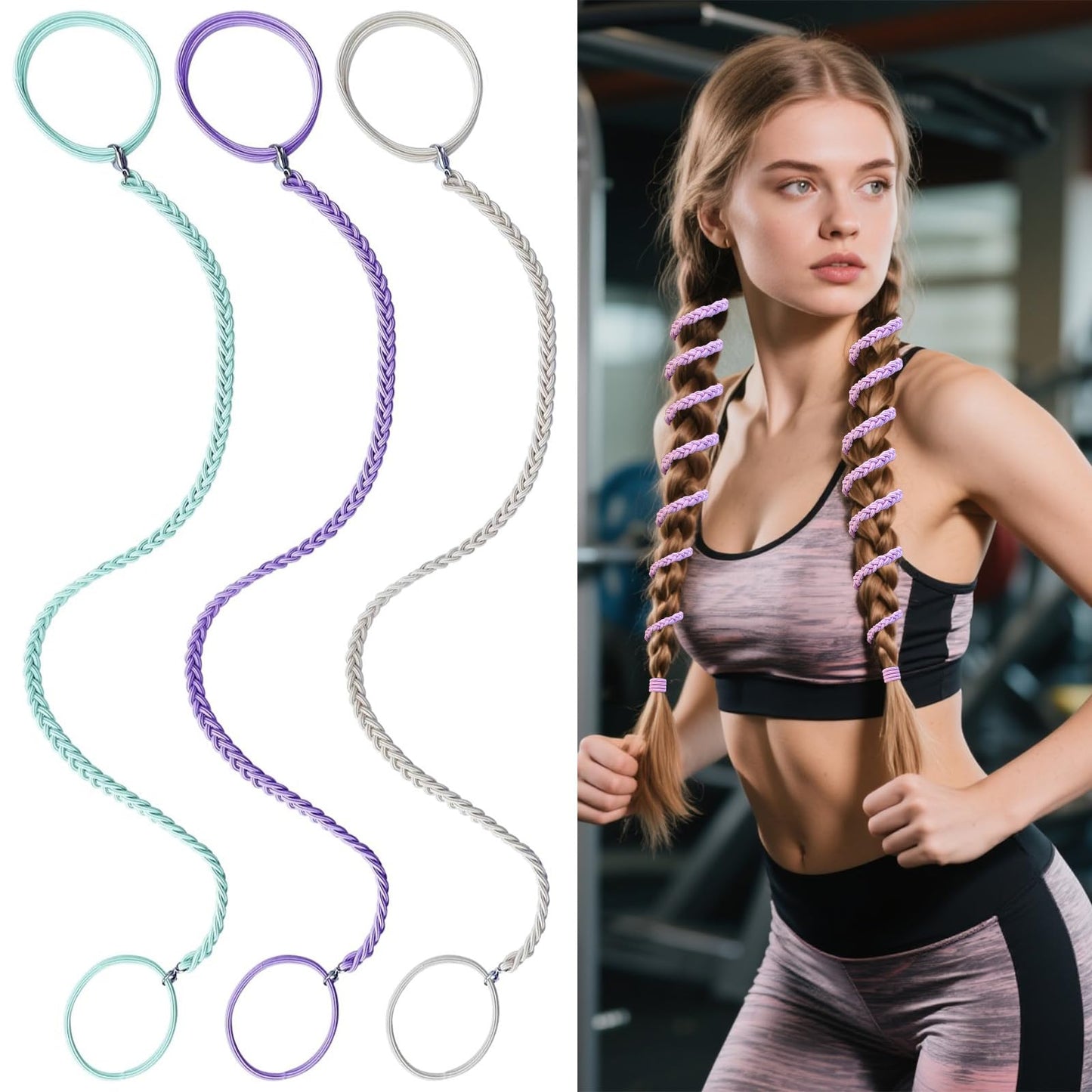 3 Pcs 16" Spiral Braided Hair Ties for Sports,No Damage, Non-Slip Elastic Ponytail Holders for Women Girls,Hair Bands for Gym, Yoga,Beach Activities(Green,Purple,White and Gray) (07csst, 41)