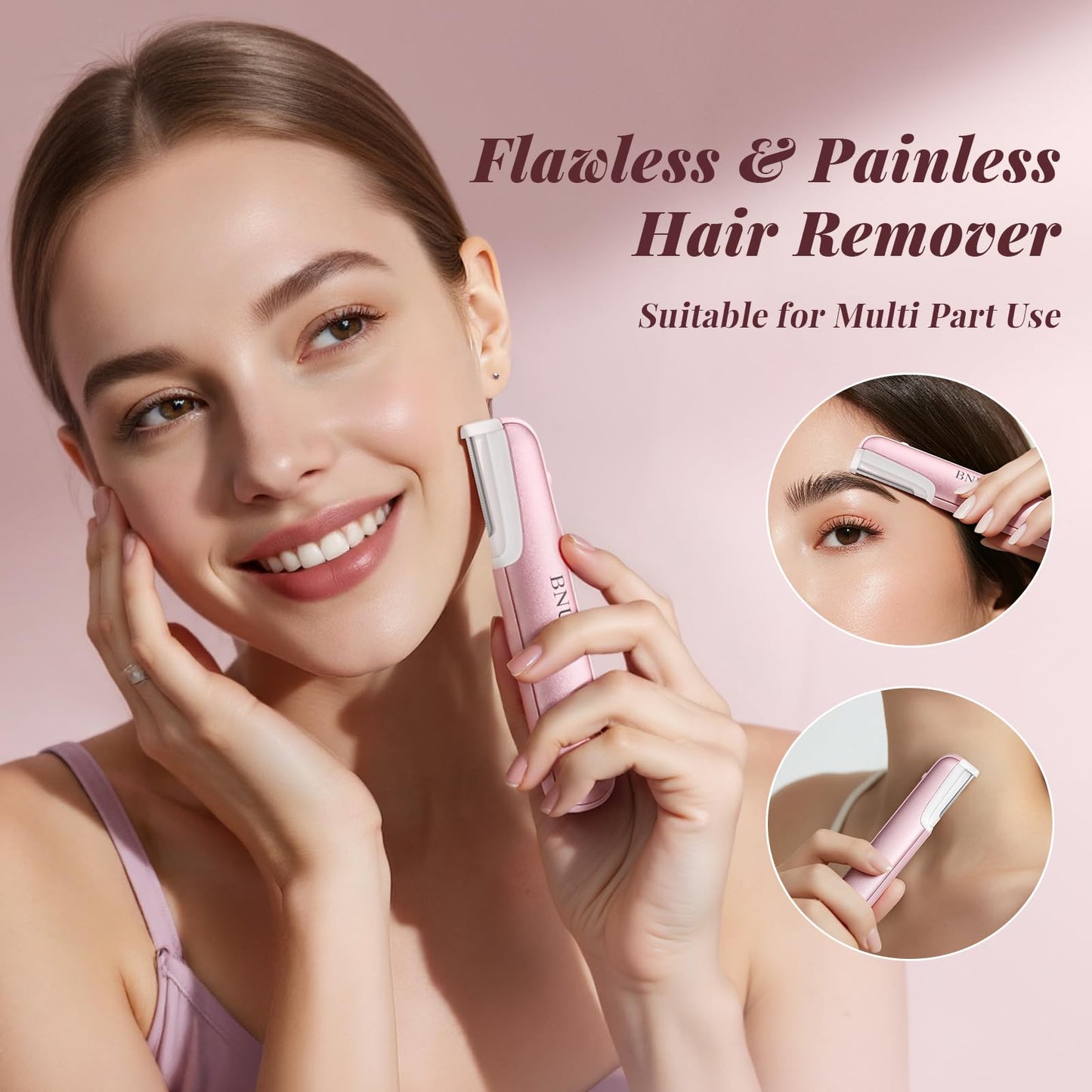 Dermaplane Razor for Women Face, BNU Facial Hair Remover for Anti-Aging, Rechargeable, LED Light, Sonic Edges, 3 Speeds, Ergonomic Handle Face Dermaplaning Tool 10 Blades Pink