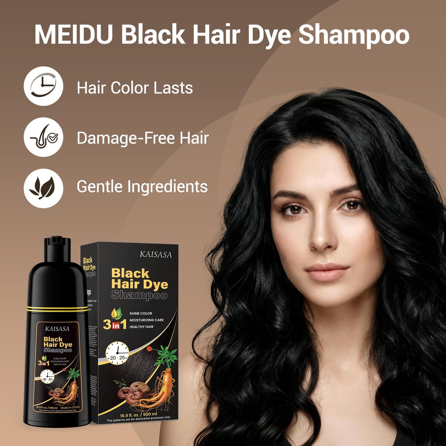 IIIMEIDU Hair Dye Shampoo for Gray Hair Coverage, 3 in 1 Natural Black Dye for Women Men, 500ml