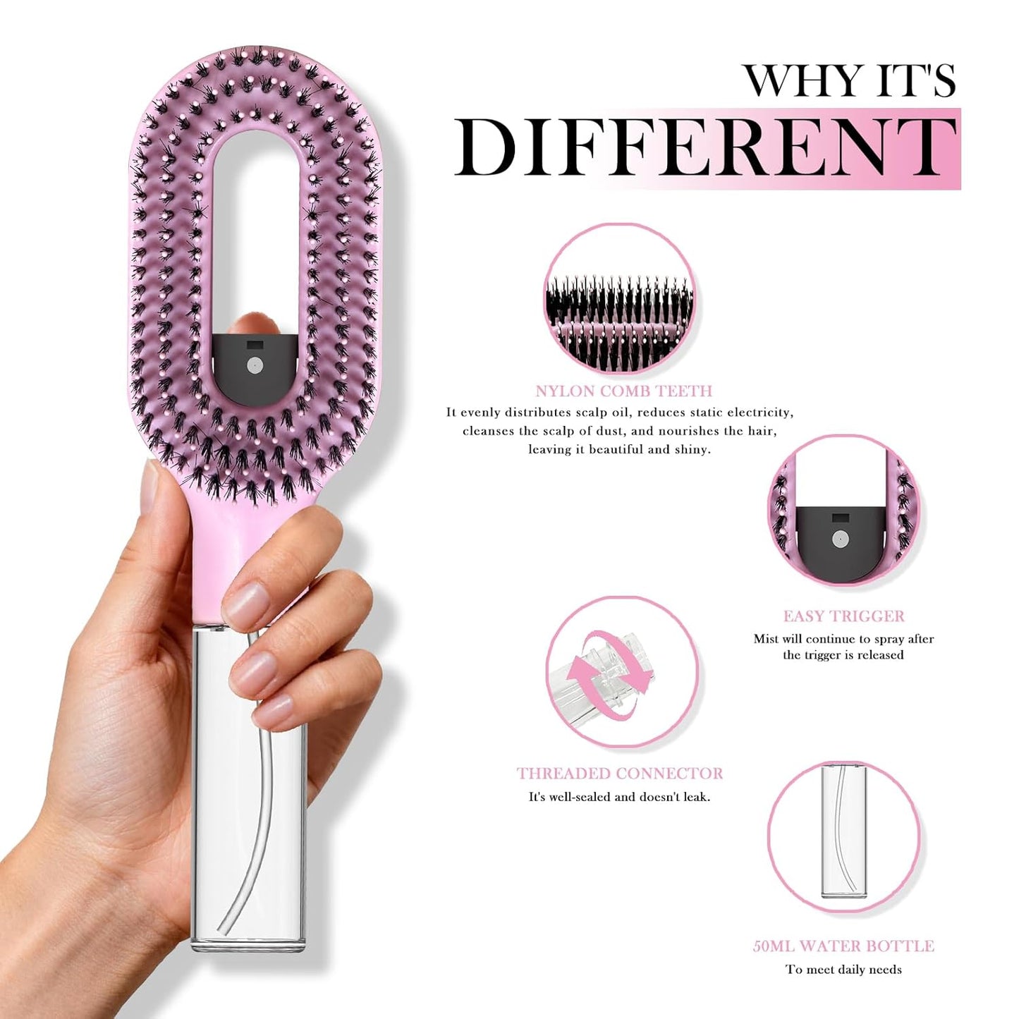 2-in-1 Detangler Hair Brush - Wet & Dry Curly, Wavy, Straight Hair | Built-In Mister Spray, 50ml Water Reservoir (Pink)