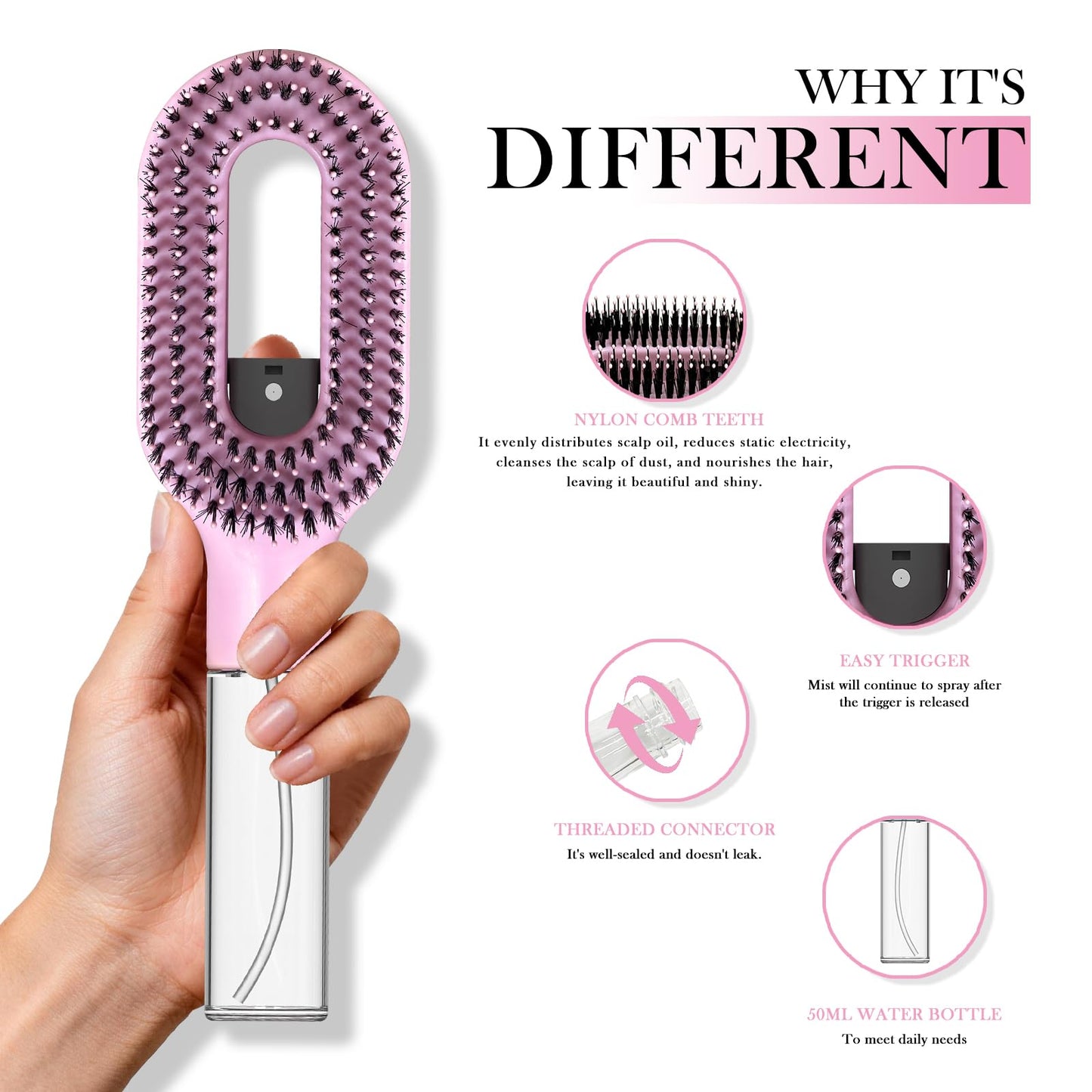 2-in-1 Manual Non-Electric Detangler Hair Brush with Built-In Mister Spray, Wet & Dry Detangling Brush for Curly, Wavy & Straight Hair, No-Tangle Anti-Frizz Brush，Reservoir 50ml.(Pink)