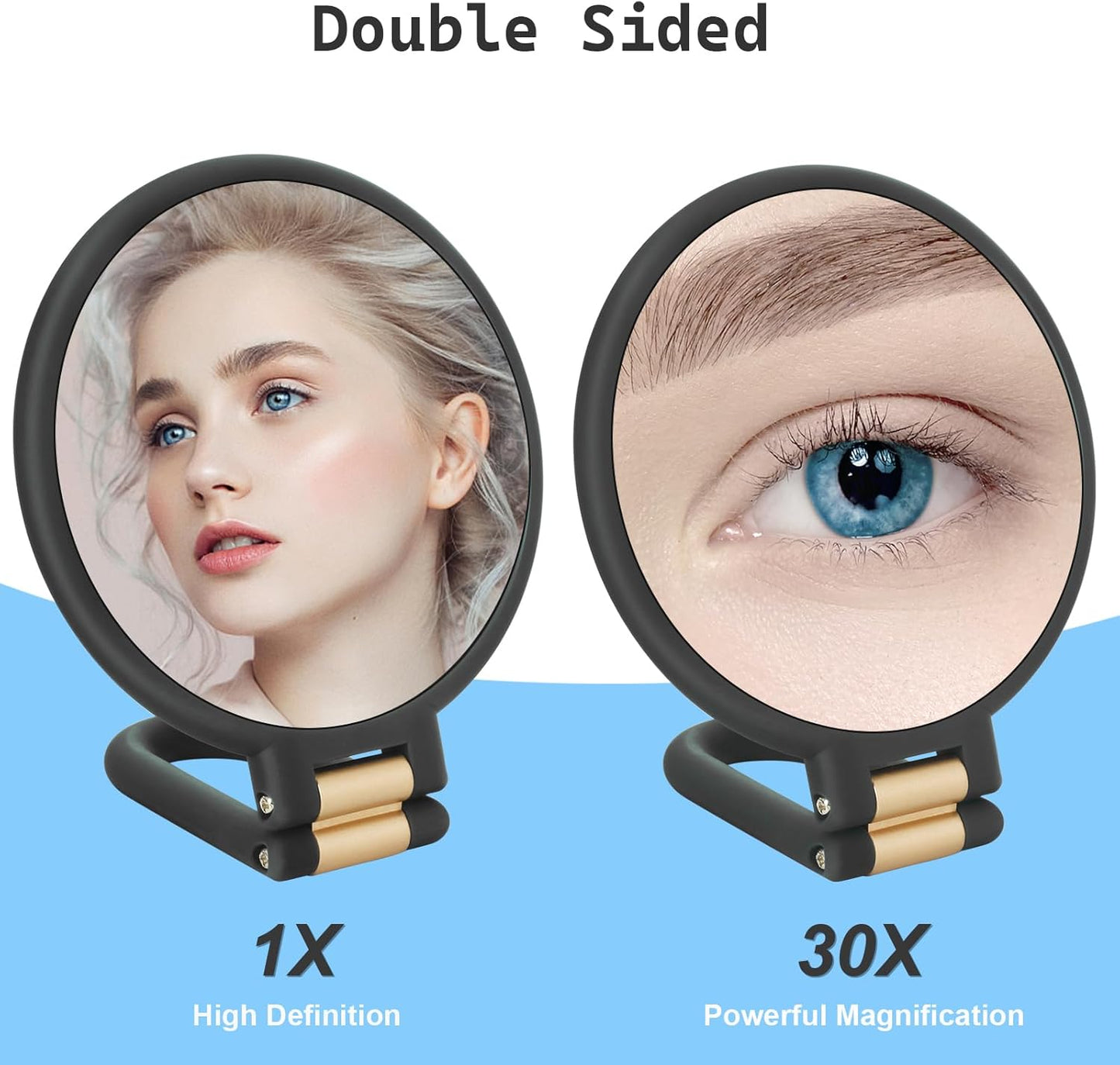 30x Magnifying Travel Mirror - Double-Sided Handheld Makeup Mirror with Adjustable Handle | Foldable Design (Black)
