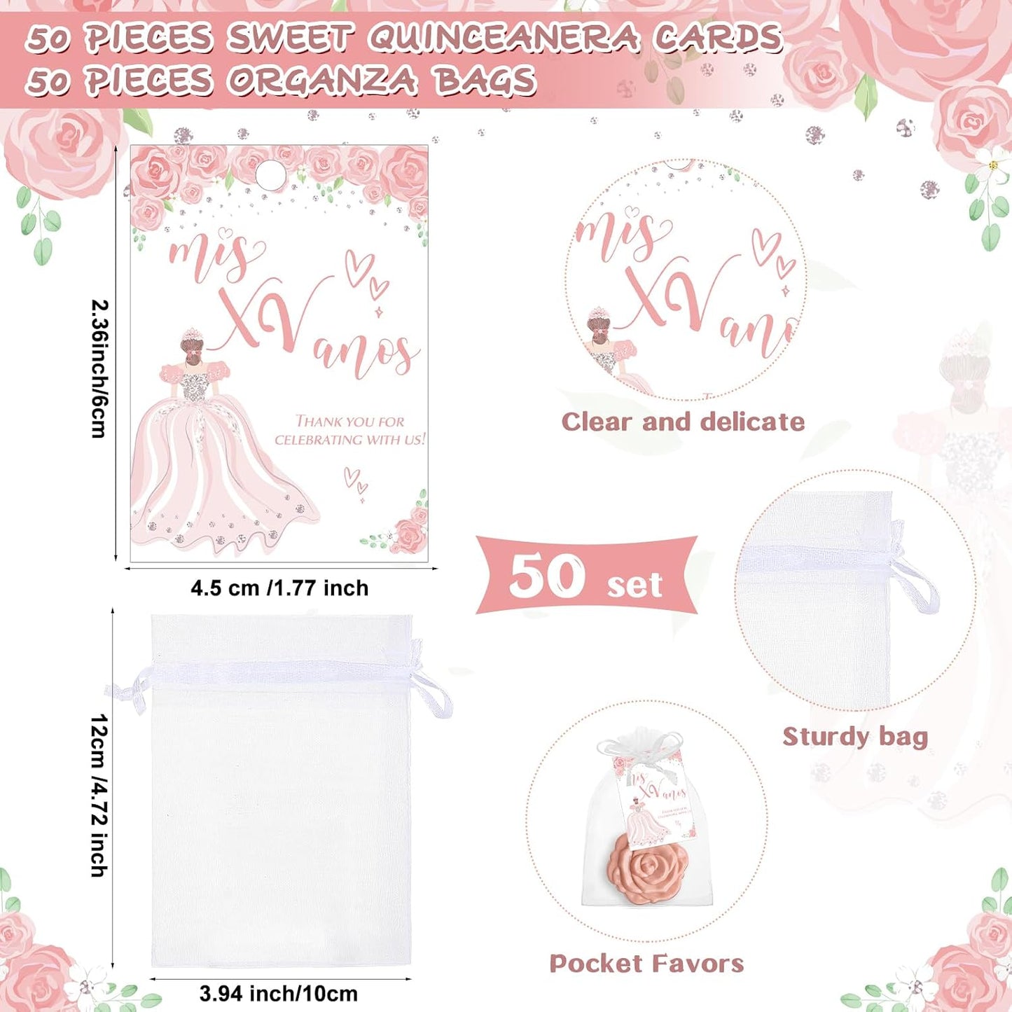 Quinceanera Party Favors - Rose Design Compact Pocket Mirrors with Thank You Cards & Organza Bags | Pink