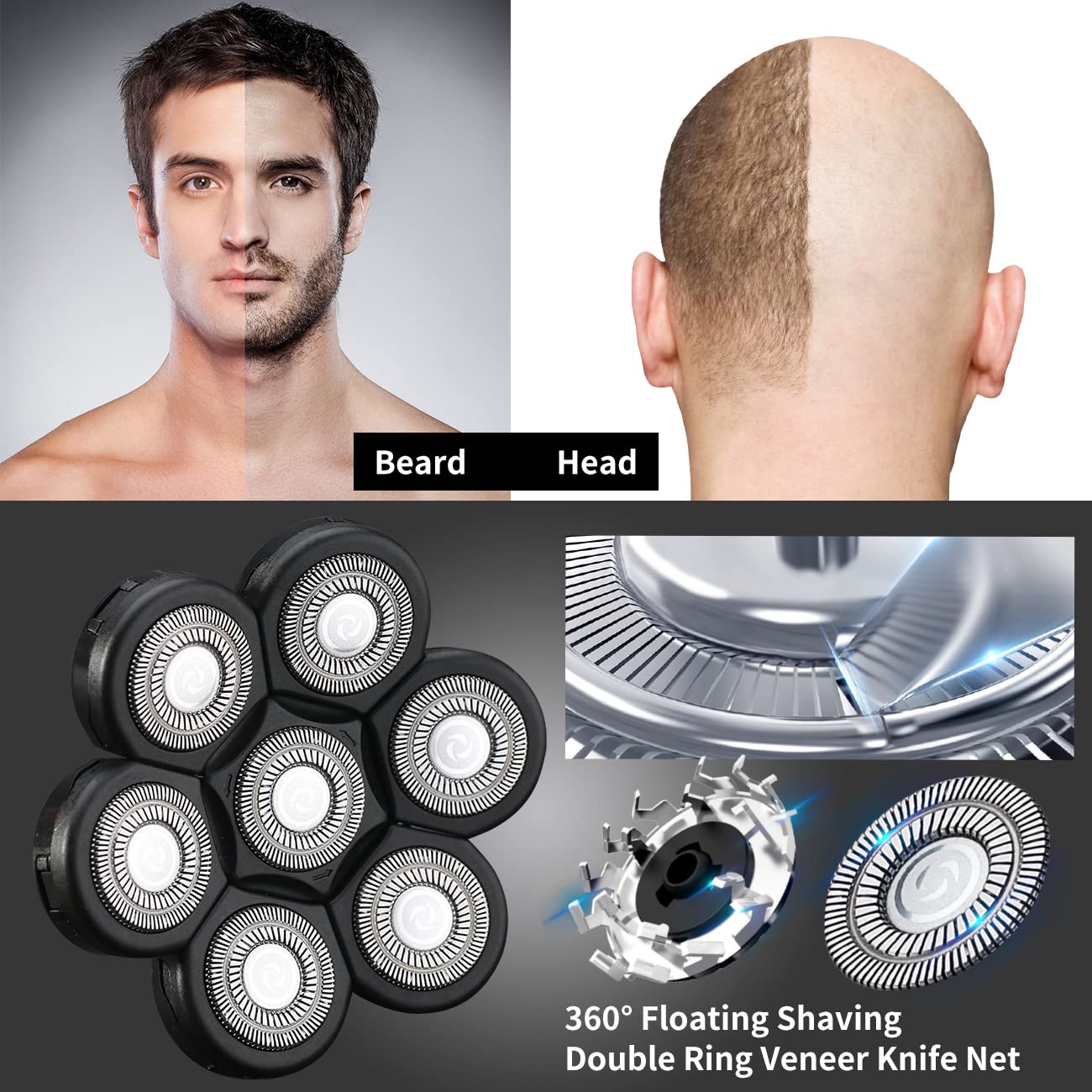 7D Black Electric Razor Replacement Blades - Universal 7 Blade Head Shaver for Men